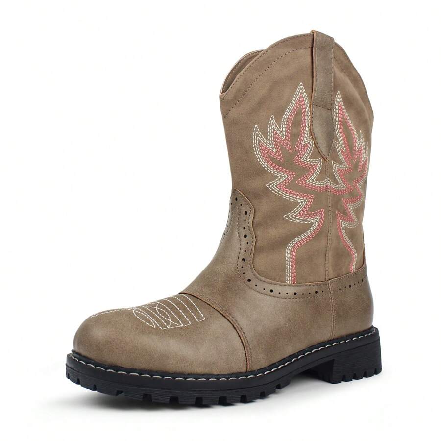 Women's Spring Mid Calf Western Cowboy Cowgirl Boot Round Toe Embroidered Wedding Party Prom Fashion Boots - 卡其色 - 查看 1