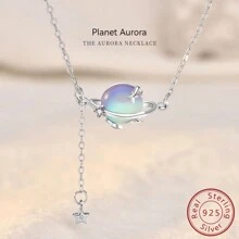 Fashionable Sterling Silver Moonstone Planet Necklace For Women, Forest-themed Design With Fringe Tassel Details, Long Clavicle Chain Pendant - moonstone planet - View 5