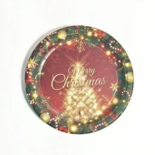 1set Red & Green Christmas Party Tableware Decorations Disposable Paper Plates, Napkins, Cups, Tablecloth Party Supplies - Multicolor - View 6