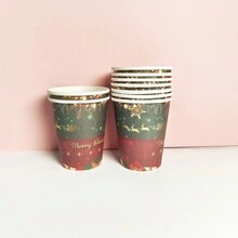 1set Red & Green Christmas Party Tableware Decorations Disposable Paper Plates, Napkins, Cups, Tablecloth Party Supplies - Multicolor - View 8