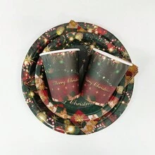 1set Red & Green Christmas Party Tableware Decorations Disposable Paper Plates, Napkins, Cups, Tablecloth Party Supplies - Multicolor - View 4