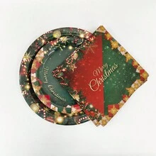 1set Red & Green Christmas Party Tableware Decorations Disposable Paper Plates, Napkins, Cups, Tablecloth Party Supplies - Multicolor - View 5