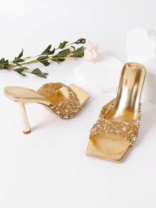 Fashionable Women's High-Heeled Sandals With Shiny Rhinestones - Gold - View 9