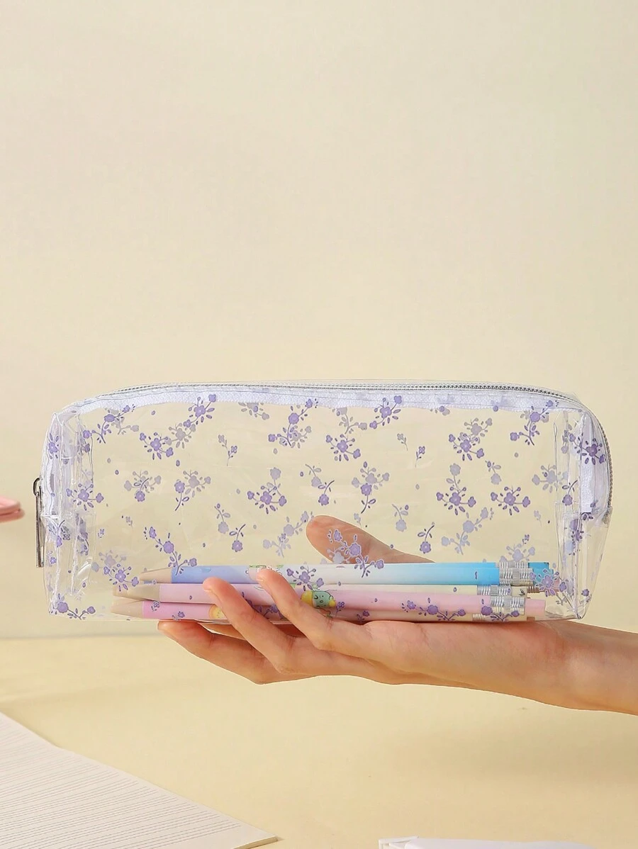 全身小花印花半透明 PVC 铅笔盒 返校,返校,学校用品,铅笔袋,书包