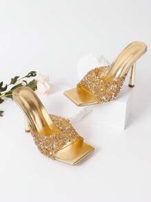 Fashionable Women's High-Heeled Sandals With Shiny Rhinestones - Gold - View 8