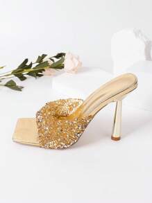 Fashionable Women's High-Heeled Sandals With Shiny Rhinestones - Gold - View 7
