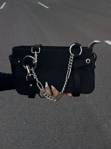 甜美時尚的金屬鏈裝飾,暗黑哥特風格b2y風格龐克復古腋下肩袋 - 黑色 - 查看 7