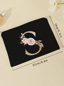 玫瑰花和字母印花旅行化妝包,1個大容量輕量級化妝用品手提袋沐浴袋,多功能化妝品組織器,可愛的手提錢包袋,便攜式化妝品刷子收納手拿包,拉鍊關閉,適用於口紅、刷子、護膚品、手機、、小物品,家用、旅行、度假和學校使用 - 彩色 - 查看 2