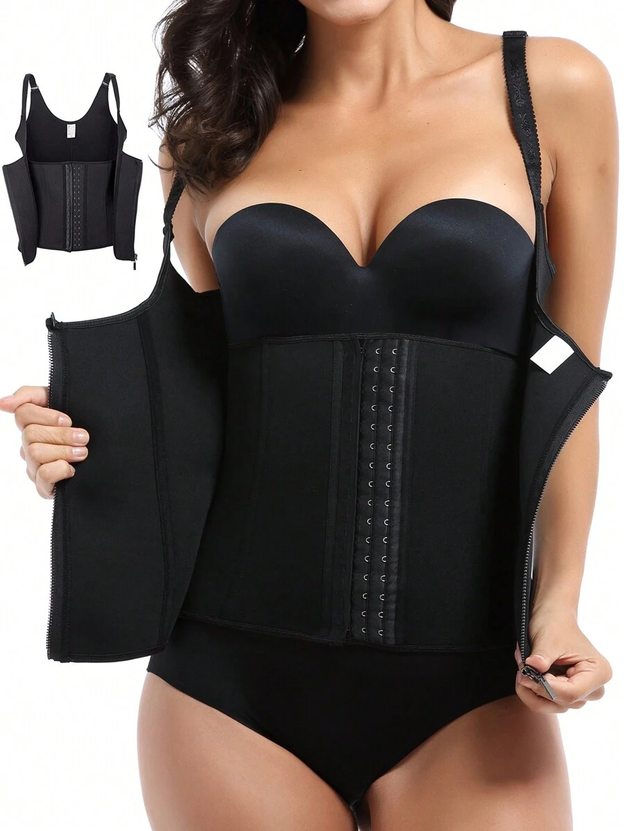 1 Pieza Body Deportivo De Látex Con Cremallera Y Espalda Descubierta Para Mujeres, Corsé De Entrenador De Cintura Modelador - Negro - Ver 1