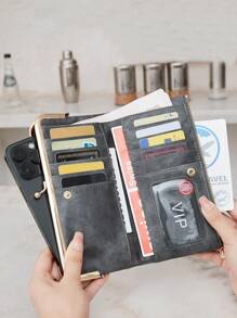 MIYIN Fashionable Retro Bifold Zipper Wallet, Women's Wallet With Card Slots And ID Window, Minimalist PU Leather Long Wallet, Suitable For Women's Daily Use, Suitable For Girls, Ladies, Dorm, School, College, Back To School, Grey - Grey - View 3