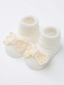 4雙/包 嬰兒女孩公主蝴蝶結裝飾防滑地板襪,純色中筒襪 - 彩色 - 查看 6