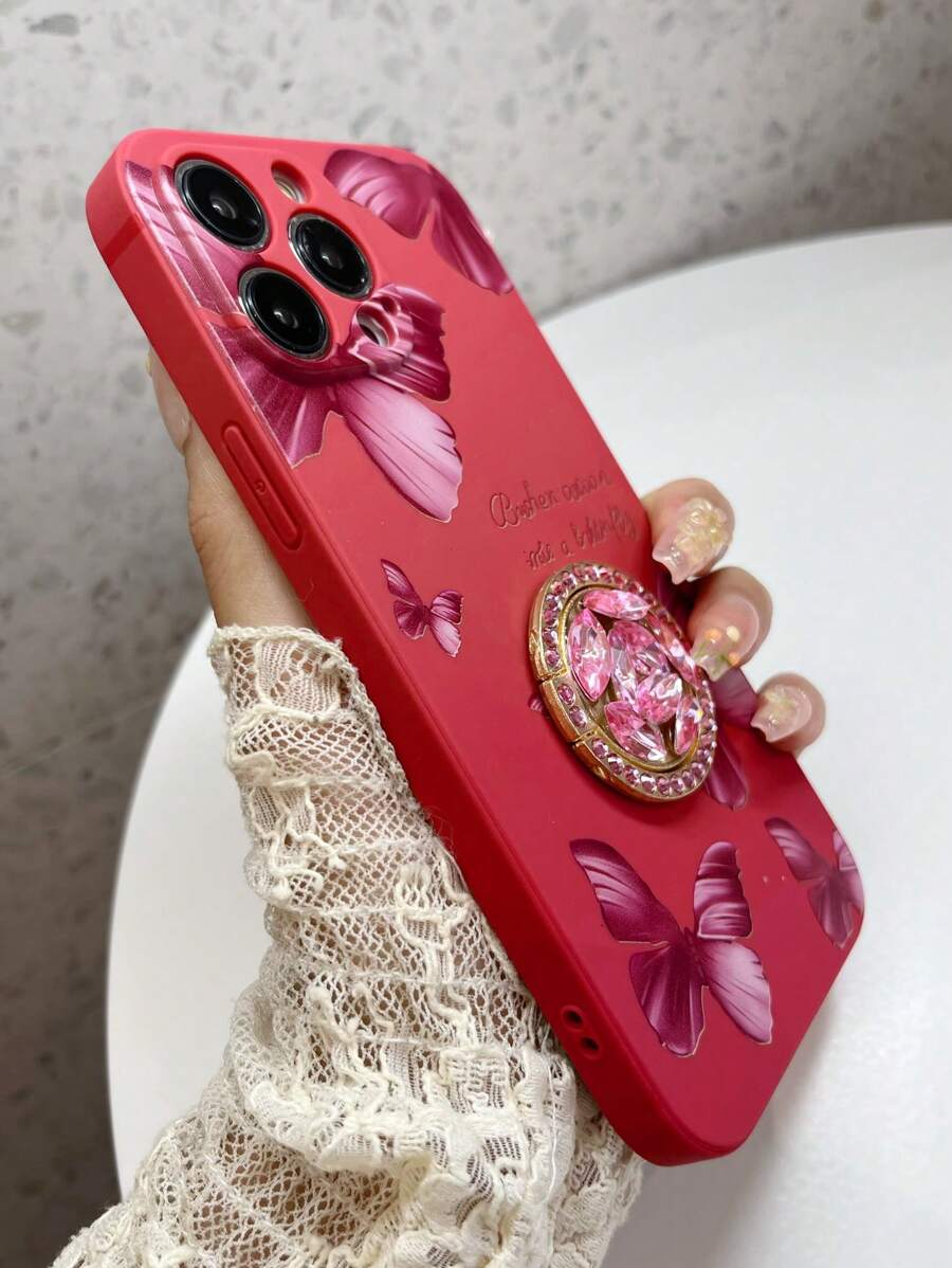 1 Set Hand-Painted Shockproof Phone Case + Diamond Ring Holder Stand + Latest Phone Case With Hidden Stand + Compatible With Apple, Samsung, Xiaomi, OPPO, VIVO + Diamond Flower Stand Series With Hidden Stand Design, Compatible With Apple 11/12/13/14/15promax, Samsung S22/23/24+UA04/A05/A14/A15/A24/A25/A34/A54S, Xiaomi, OPPO Reno/Realme/VIVO Redmi13c+Huawei. - Red - View 1