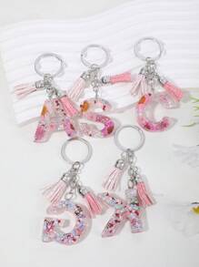 Boho 1pc Ladies' Crystal Drop Jelly, Glittering Alphabet Detail Tassel Keychain - Pink - View 5