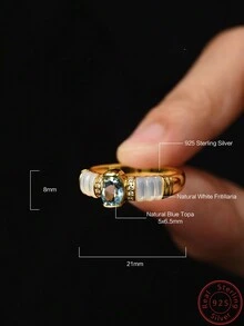 Cici Color 1 件全新 14k 镀金 S925 银镶嵌蓝色椭圆形天然托帕石，休闲可爱情侣礼物白色天然贝壳戒指，适合女性日常生活、约会、旅行，带礼盒