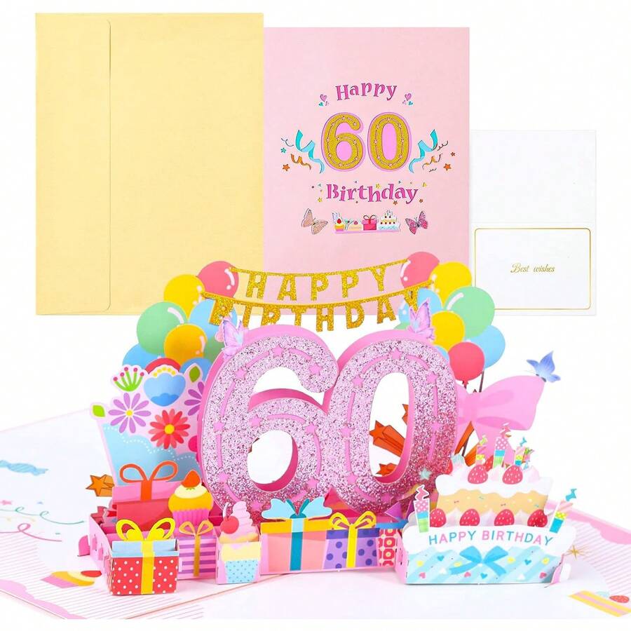 60歲生日卡,立體彈出賀卡,3d彈出賀卡生日賀卡,附信封的生日卡,適用於女性、母親、女孩、男性、朋友、浪漫禮品卡 - 彩色 - 查看 1