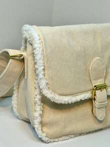 女式燈芯絨毛絨斜挎包，大容量毛茸茸斜挎包，適合冬季和購物旅行 - 米色 - 查看 7