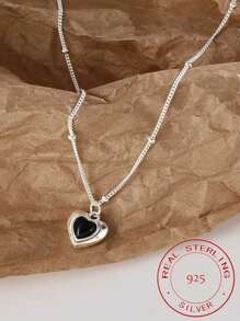 1 件銀 S925 純銀黑色心形吊墜項鍊,哥特式女士鎖骨鏈首飾 - 銀色 - 查看 4
