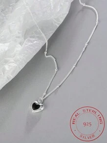 1 件銀 S925 純銀黑色心形吊墜項鍊,哥特式女士鎖骨鏈首飾 - 銀色 - 查看 5