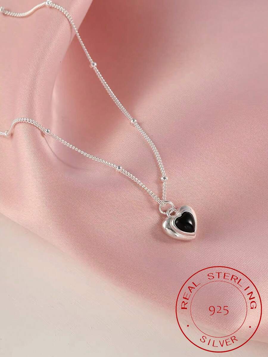 1 件銀 S925 純銀黑色心形吊墜項鍊,哥特式女士鎖骨鏈首飾 - 銀色 - 查看 1