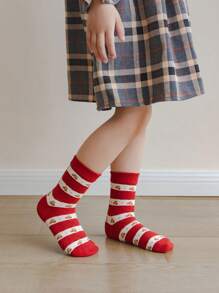 5 Pairs Girls' Spring/Autumn Cherry Blossom Rabbit Design Mid-Calf Socks, Sizes: (1-2), (2-3), (3-8), (8-12) Years - Multicolor - View 8