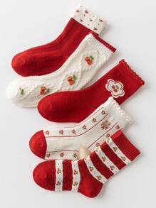 5 Pairs Girls' Spring/Autumn Cherry Blossom Rabbit Design Mid-Calf Socks, Sizes: (1-2), (2-3), (3-8), (8-12) Years - Multicolor - View 1