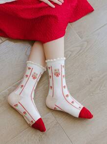 5 Pairs Girls' Spring/Autumn Cherry Blossom Rabbit Design Mid-Calf Socks, Sizes: (1-2), (2-3), (3-8), (8-12) Years - Multicolor - View 7