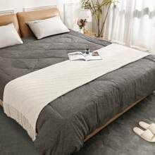 1pc Solid Color Soft And Comfortable Fringed Blanket, Suitable As Sofa Blanket, Shawl And Bed Tail Cover - Beige - View 2