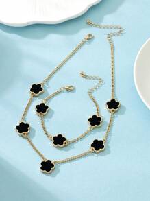 1pc Metal Clover Flower Bracelet & 1pc Necklace Set, Sweet And Lucky - Black - View 2