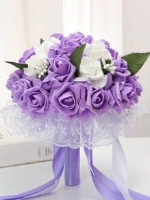 1PC Wedding Bouquet Bride Bridesmaid holding flowers Bride Mariage Party DIY Decor Wedding Accessories Color blocking design Artificial Foam Roses Flower pearl Bride Bouquet Wedding Party - Purple - View 13