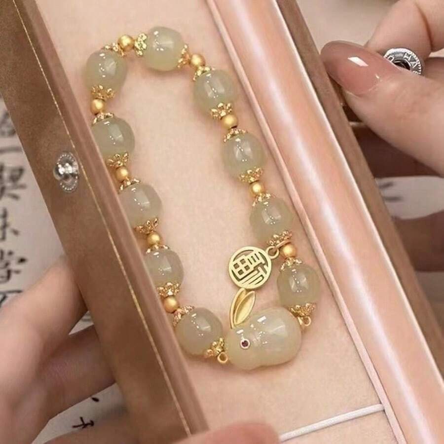 1 Vòng Tay Thỏ Ngọc Phong Cách Trung Hoa Mới Dành Cho Nữ, Phong Cách Ins, Thiết Kế Độc Đáo, Sinh Nhật/Tiệc/Lễ Hội Quà Tặng, Đảng Phụ Kiện - màu xanh lá - Xem 1