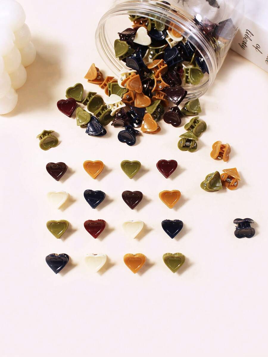 100pcs Women's Morandi Color Mini Heart Decorated Hairclips, Suitable For Daily Use - Multicolor - View 1