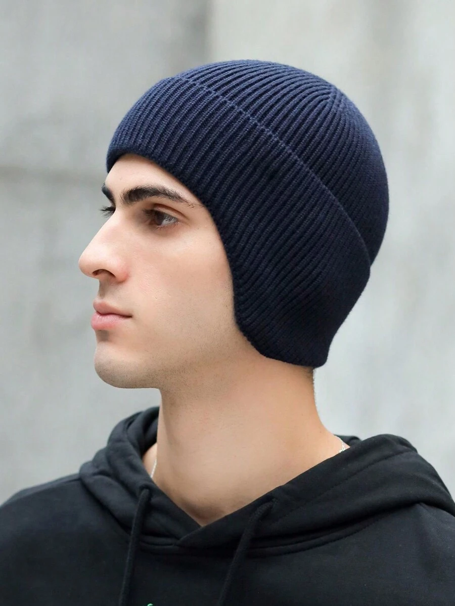 1pc Thick Knit Hat With Ear Protection, Winter Warm Beanie For Men - Navy Blue - View 1