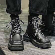 男式雙繫帶方頭厚底靴子,自由式休閒 Pu 皮摩托車靴 - 黑色 - 查看 2