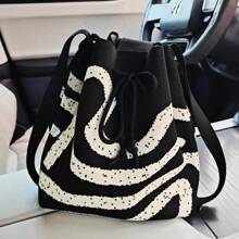 2023 New Striped Pattern Fashionable Knitted Bag, Best Mother's Day Gift Ideas, Mother Day Gifts, Mom Gifts, Mommy's Essentials, Mommy Bag For Going Out - Black and White - View 3