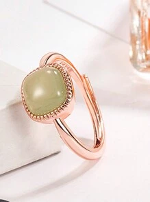 1pc Imitation Jade Square Ring For Women, Adjustable Open Ring - Green - View 2
