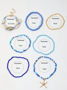 7 chiếc Vòng tay vỏ sò & hạt gạo phong cách Bohemian với mặt dây chuyền sao biển, Bộ vòng tay nữ (Màu sắc hạt gạo ngẫu nhiên) - Màu xanh lam - Xem 7