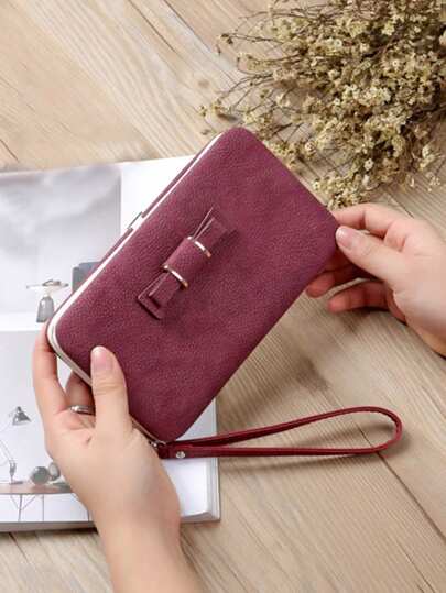 優雅蝴蝶結裝飾手機錢包,帶有卡槽和拉鍊口袋的時尚手機殼