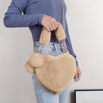 1入組毛茸茸長毛絨包,情人節可愛時尚錢包,便攜單肩包帶可拆卸帶