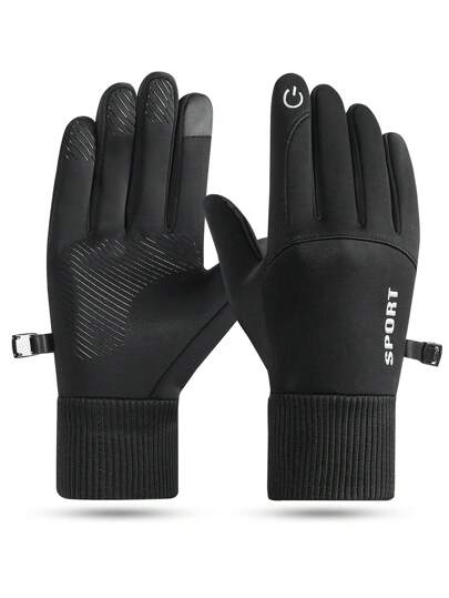 1 双男士秋冬季加厚保暖手套，触摸屏，防风，防水，适合骑自行车、滑雪和驾驶等户外运动，适合骑自行车、骑摩托车和滑雪，黑色手套，冬季暖手器