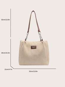 时尚大容量纯色毛绒单肩托特包，适合上学、旅行、购物、约会、女士礼物灯芯绒女士托特包时尚链条单肩包大容量毛绒手提包、书包、便携、大容量、轻便，适合少女、女大学生、大学、初中、高中、户外、旅行、郊游、工作、商务、通勤、女士托特包、大学必备品，与秋季服装完美搭配，女士秋季服装 - 米色 - 查看 2