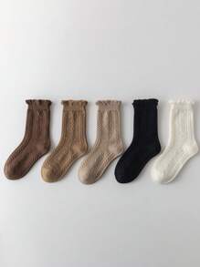 5 paires de chaussettes mi-mollet côtelées de couleur unie pour filles, convenant aux âges de 1 à 2 ans, 2 à 3 ans, 3 à 8 ans, 8 à 12 ans, printemps/automne - Multicolore - Voir 2