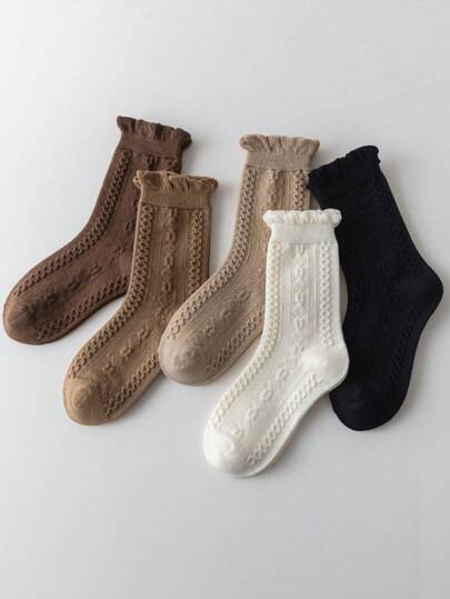 5 Pairs Girls Solid Color Cable Knit Mid-Calf Socks, Suitable For Ages 1-2, 2-3, 3-8, 8-12 Years Old, Autumn/Winter
