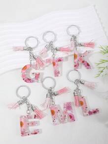 Boho 1pc Ladies' Crystal Drop Jelly, Glittering Alphabet Detail Tassel Keychain - Pink - View 6