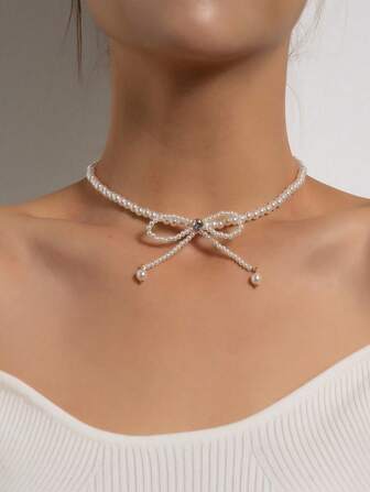 Faux Pearl Beaded Bow Decor Necklace,Valentine's Day Gift Valentines,Mom,Mother,Mother's Day,Gift