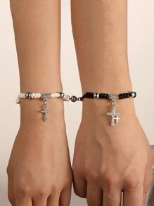 2入組歐美風格創意black And White情侶bff手環,手工編織繩索吊墜套裝手鐲情人節送禮佳品 - 彩色 - 查看 1