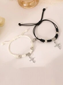 2入組歐美風格創意black And White情侶bff手環,手工編織繩索吊墜套裝手鐲情人節送禮佳品 - 彩色 - 查看 2