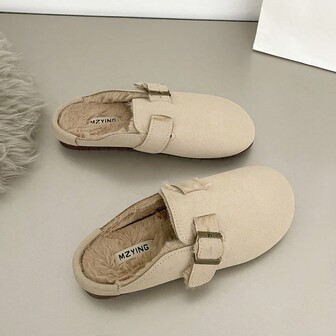 Thick-soled Buckle Shoes, Fashionable Slippers For Fall And Winter, Women's Shoes Can Be Worn Outdoors, 2023 New Style, Light-weighted, Fluffy Shoes With Round Toe