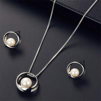 1 pièce Collier & 1 paire de Boucles d'oreilles Set de Bijoux de Mariée avec Perles Factices et Pendentifs Circulaires Creux, Accessoires de Mariage