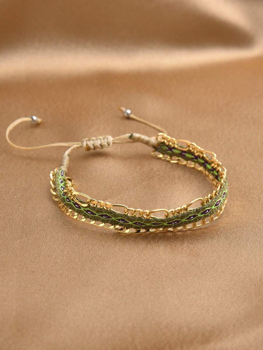 1pc 18K Gold Plated Adjustable Braided Bohemian Style Bracelet For Women - Multicolor - View 1