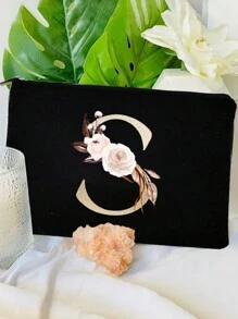 玫瑰花和字母印花旅行化妝包,1個大容量輕量級化妝用品手提袋沐浴袋,多功能化妝品組織器,可愛的手提錢包袋,便攜式化妝品刷子收納手拿包,拉鍊關閉,適用於口紅、刷子、護膚品、手機、、小物品,家用、旅行、度假和學校使用 - 彩色 - 查看 1